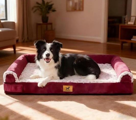 XXL Orthopedic Dog Bed - Breathable Egg-Crate Foam Sofa Couch with Bolster, Water-Resistant Liner & Washable Rose Velvet - Ideal for German Shepherds, Boxers, Rose Pink, (48'' x 30'')