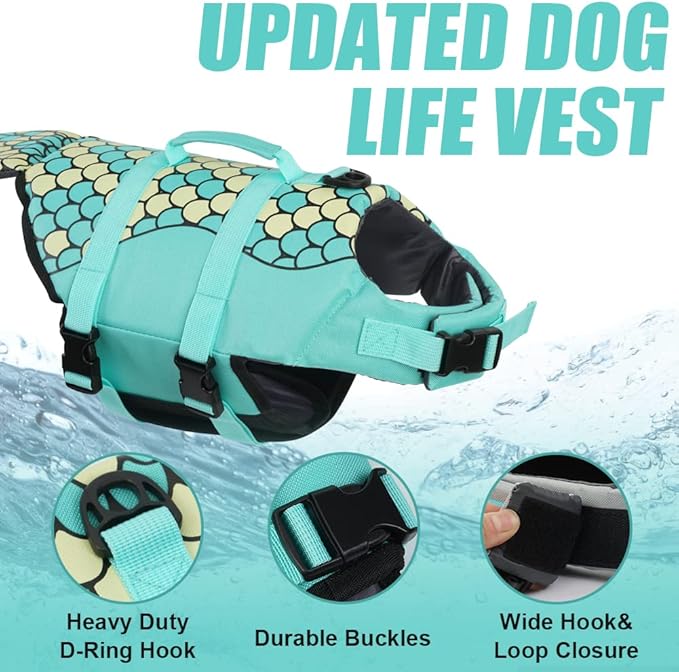 EMUST Dog Life Jacket Mermaid, Ripstop Dog Life Vests with Rescue Handle for Small Medium and Large Dogs, Pet Safety Swimsuit Preserver for Swimming Pool Beach Boating, (XS, Green)