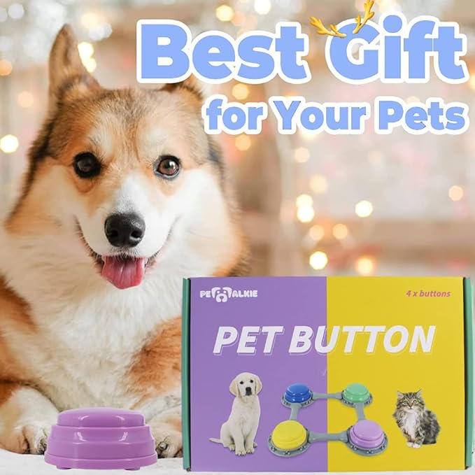 Set of 4 Talking Buttons for Cat and Dog Training, Funny Engravable Voice Command Buttons with Placement Stickers, Colorful and Customizable - Y, G, P, B