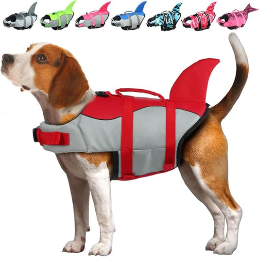 EMUST Dog Life Jacket Shark, Dog Life Vests for Small, Middle, Large Dogs with Rescue Handle Pet Flotation Vest Safety Lifesaver for Swimming Pool Beach Boating, (S,Red)