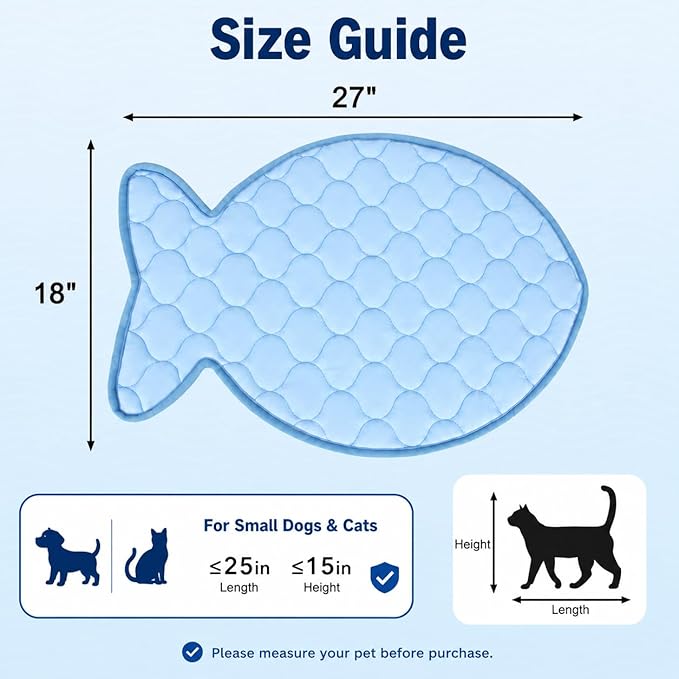 SZEE Cat Cooling Mat for Cats & Small Dogs, Summer Pet Cooling Mat with Ice Silk Fabric, Machine Washable, Fish-Shaped, for Bed, Sofa, Floor, Car Seat & Crate, with Anti-Slip Bottom (27” × 18”)