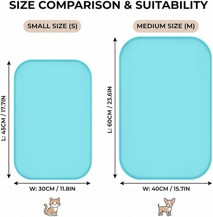 Waterproof Silicone Pet Feeding Mat Blue with Raised Edge,24" x 16"Non-Skid Spill Proof Dog Bowl Mats, Easy Clean Cat Bowls Placemat for Cats and Dogs