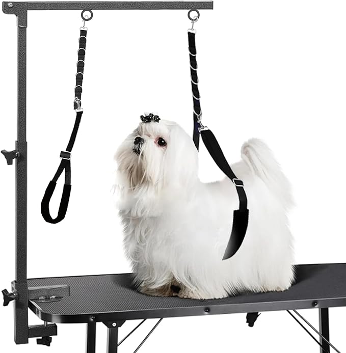 ASOCEA Dog Grooming Belly Strap Dogs Grooming Table Arm Extender Loop with D-Rings Adjustable Bathing Restraint Leash No Sit Haunch Holder for Small & Medium Dog Cat Hair Cutting Washing (Black)