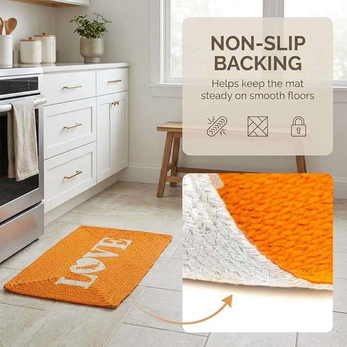 Super Area Rugs Decorative Dog Feeding Mat - 15" x 23" Natural Cotton Pet Bowl Rug, Hand-Woven Water-Absorbent Placemat for Dogs & Puppies (Love/Coral)