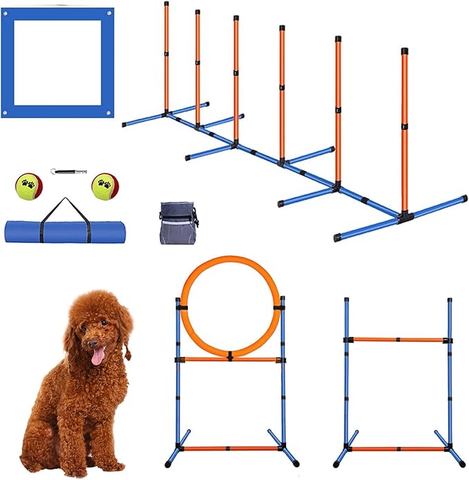 Dog Agility Equipment Set,Pets Agility Training Equipment,Weave Poles, Adjustable Hurdle, Jump Ring, Pause Box and Storage Bag