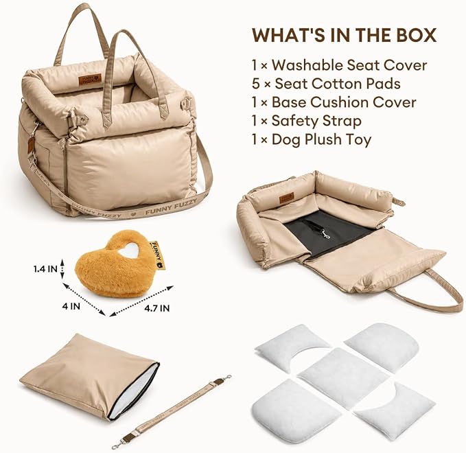 FUNNYFUZZY Luxury Dog Car Seat for Small Medium Dogs Under 35 lbs, Waterproof Leather Pet Booster Seat with Safety Leash & Anti-Slip Base, Fully Padded Dog Car Bed, Portable Puppy Carrier(Khaki)