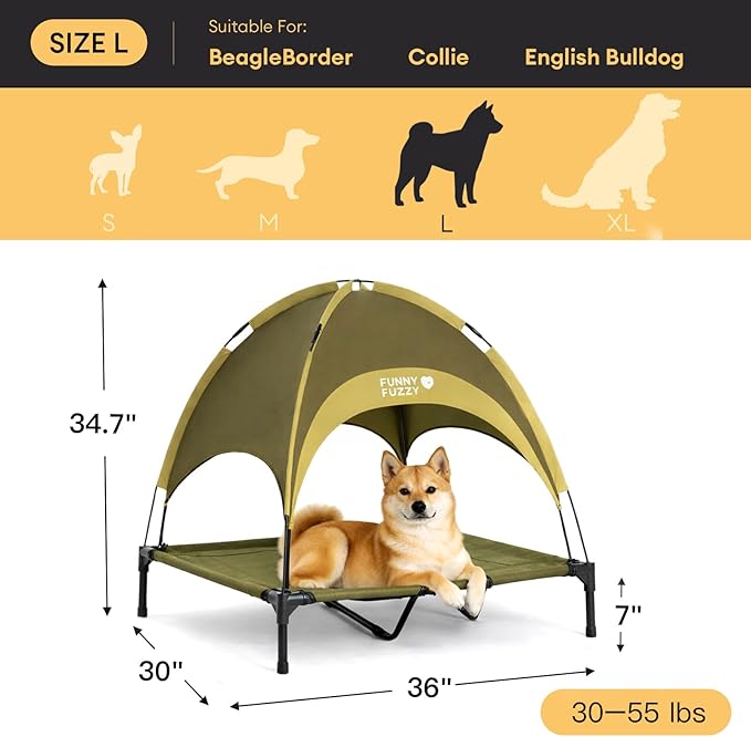 FUNNY FUZZY Elevated Dog Bed with Canopy for Large Dogs up to 120 lbs– Raised Dog Cot Bed with UV Shade,Waterproof,Breathable Mesh,Outdoor & Indoor Use,Portable,Green(36"×30"×7")