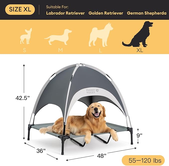 FUNNY FUZZY Elevated Dog Bed with Canopy,Grey, X-Large(48"x36"x9")–Outdoor Pet Cot with UV Protection, Breathable Mesh for Cooling, Indoor & Outdoor Use for Dogs up to 120 lbs