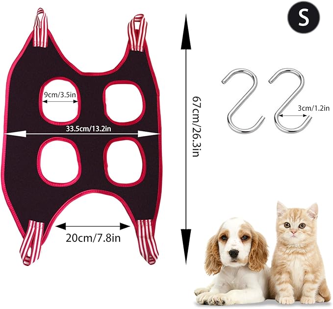 Dog Grooming Hammock Harness, Pet Hammock for Grooming with 2 S Hooks, Dog Sling Harness for Cats&Dogs Teeth Cleaning, Shower, Nail Clipping Small&Medium Breed (Black S)