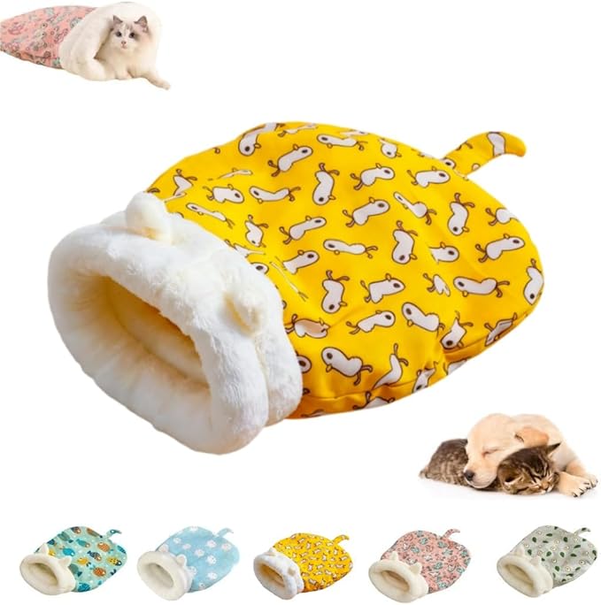 Sleeping Bag for Cats, Cozy Self Warming Cat Sleeping Bag for Indoor Cats, 360° Wrap Cat Hideaways Pet Snuggle Sack for Sleeping Relax Play (Yellow)