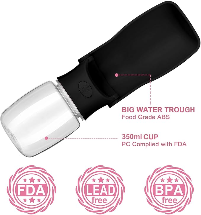 Portable Dog Water Bottle, Foldable Dog Water Bottle Leak Proof Dispenser for Puppy Small Medium Large Dogs, Pet Drink Cup for Walking Hiking Traveling(Black,12oz)