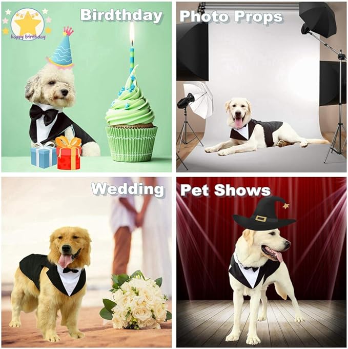 QBLEEV Dog Tuxedo Suit with Bow Tie, Formal Dog Tux Costume and Bandana Set for Wedding Outfit Birthday Party Cosplay Photo Shoot, Doggy Prince Attire for Maltese Dachshund Yorkie Puppies Shih Tzu
