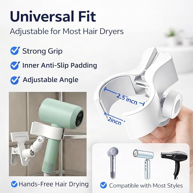 Hands Free Clamp Hair Dryer Holder with Strong Grip, 360° Flexible Gooseneck Blow Dryer Stand, Portable Clip-On Hair Dryer Holder for Styling & Pet Grooming, Table Counter Home Salon, White