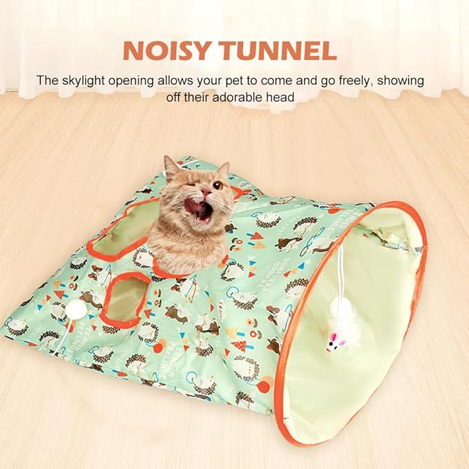 SYCOOVEN Cat Tunnel Bag for Indoor Cats, Pet Collapsible Tunnel Crinkle Sack Bag with 1 Little Mouse & Toy Ball, Crinkle Paper Interactive Cat Toys Hide and Seek(Green Pattern)