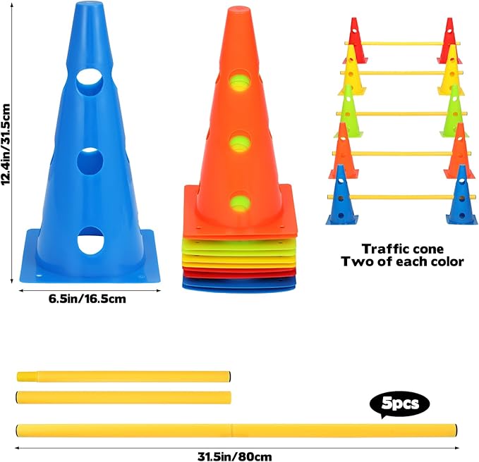 Dog Agility Hurdle Cone Set, 10er 12.5Inch Color Agility Cones and 5er 31.5Inch Agility Rods, Equipment Obstacle Course Backyard Equipment for Pet Exercise