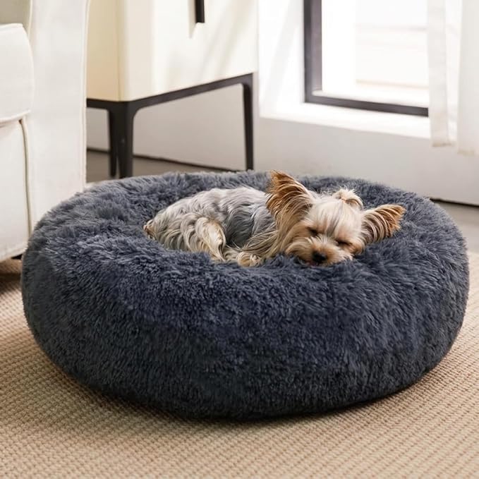 WNPETHOME Calming Dog Beds for Large Dogs, Anti-Anxiety Donut Large Pet Bed, Fluffy Faux Fur Plush Dog Bed，Warming Cozy Soft Round Pet Bed for Jumbo Dogs, Cat Cuddler Cushion Bed