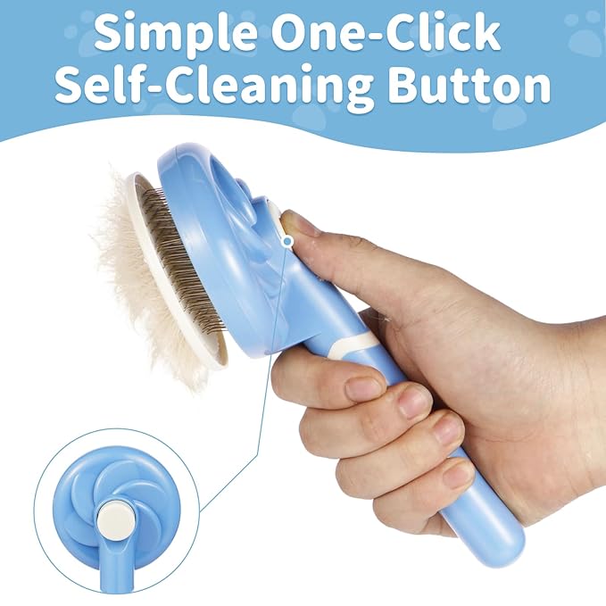 One-Click Self Cleaning Slicker Brush for Dogs & Cats, Gentle Round Pins Deshedding Tool for Long & Short Hair