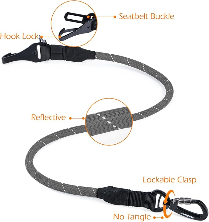PetBonus Dog Seat Belt for Car, Durable Rope Dog Car Harness Seatbelt for Vehicle, Pet Tether Safety Restraint with Heavy Duty Buckle Hook Latch Lockable Clip for Small Medium Large Breeds (Grey)