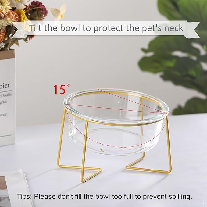 Large Glass Tilted Elevated Cat Dog Bowl Raised Cat Food Water Bowl Dish Pet Comfort Feeding Bowls with Gold Iron Stand