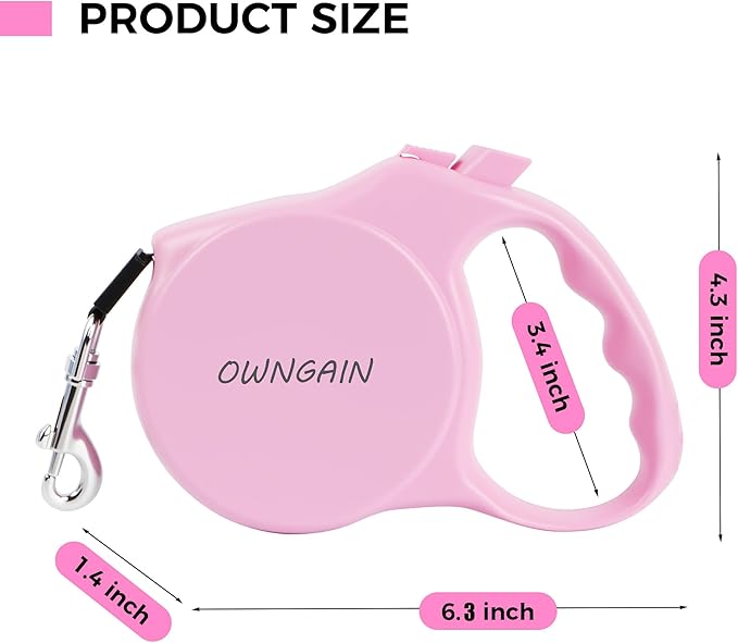 Pink Retractable Dog Leash,Strong Nylon Tape-One-Handed One Button Lock for Puppy, Cat, Pet Walking and Training,16ft Dog Walking Leash with 360°Tangle-Free Design,Anti-Slip Handle (Pink -Small)