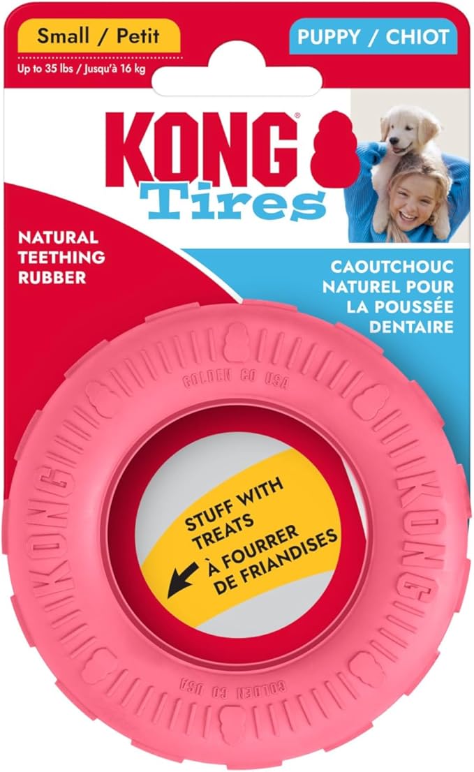 KONG Puppy Tires - Dog Chew Toy for Puppies - Stuffable Dog Toy for Treats & Snacks - Natural Rubber Chew Toy for Teething Puppy - for Small Puppies - Pink