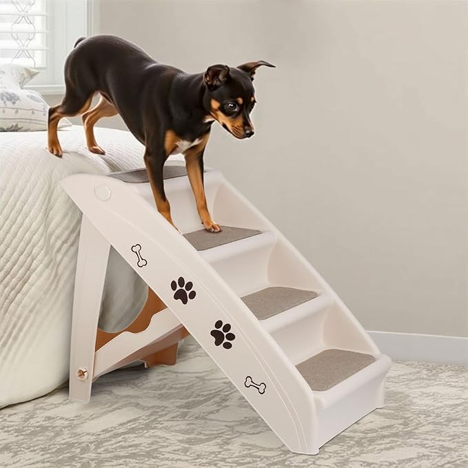 LEMY Non-Slip Foldable Steps Stairs for Dogs and Cats, 4-Step Portable Indoor Outdoor Pet Steps Ramp for Bed, Couch, Car, Tan