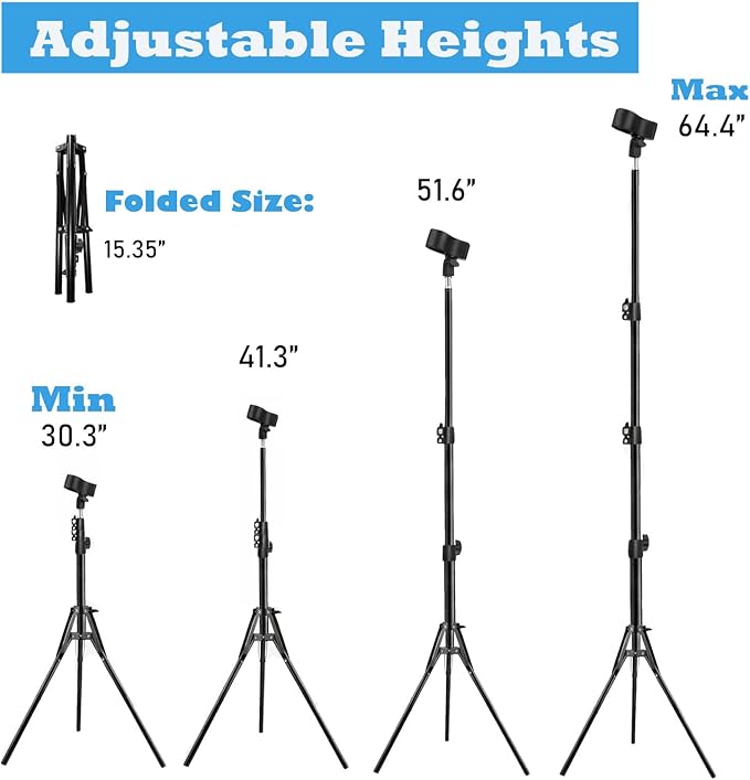 Hair Dryer Stand, Hair Dryer Holder with Tripod, Hands-free, Adjustable Height 30.3‑64.4in, Stable, Universal Metal Clip Fits 99% of Blow Dryers, Foldable & Portable for Home, Salon, or Travel