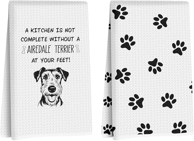 2Pcs Airedale Terrier Dog Paw Kitchen Towels 24x14 Inch, Airedale Terrier Gifts for Woman Mom, Reusable Waffle Weave Microfiber Absorbent Hand Tea Towels for Kitchen Bathroom Decor, Dog Lovers Gifts