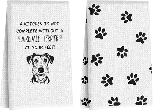 2Pcs Airedale Terrier Dog Paw Kitchen Towels 24x14 Inch, Airedale Terrier Gifts for Woman Mom, Reusable Waffle Weave Microfiber Absorbent Hand Tea Towels for Kitchen Bathroom Decor, Dog Lovers Gifts