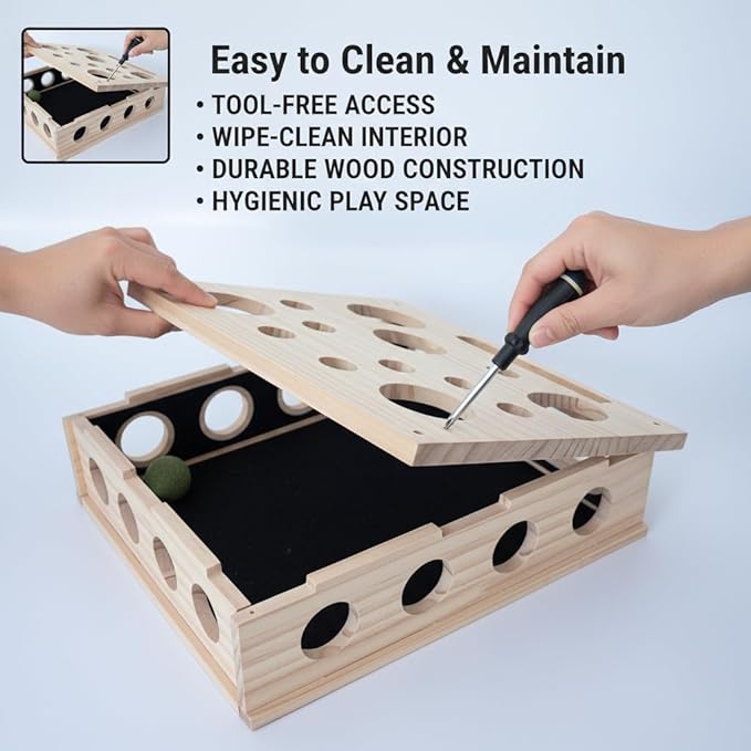 Cat Nail File Toy, Cat Scratch Puzzle Enrichment Box, Sandpaper Cat Scratcher Wooden Box, 2 catnips 3 Balls for Scratching, Boredom,Furniture Protection, 11.8" x 9.8"