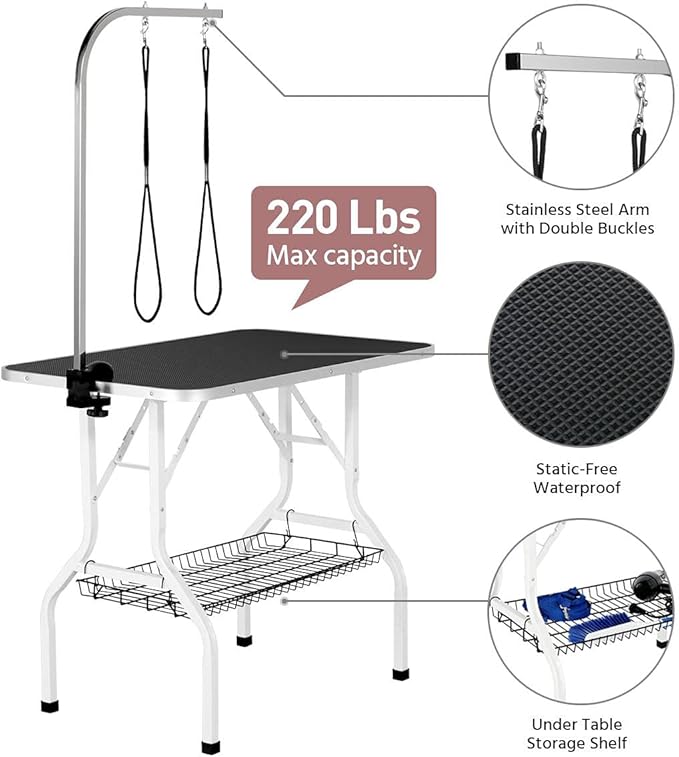 Topeakmart Folding Dog Grooming Table - Professional Pet Cat Trimming Table w/Adjustable Arm Clamp/Noose/Mesh Tray L36in x W24in x H30in Black Maximum Capacity Up to 220lbs