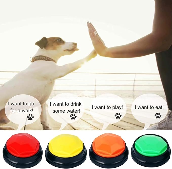 Dog Buttons for Communication, Set of 4 Color Dog Talking Button, 30s Voice Recordable Pet Training Tool, Speaking Buttons for Cats & Dogs with Scene Stickers and Rubber Mat (Red)