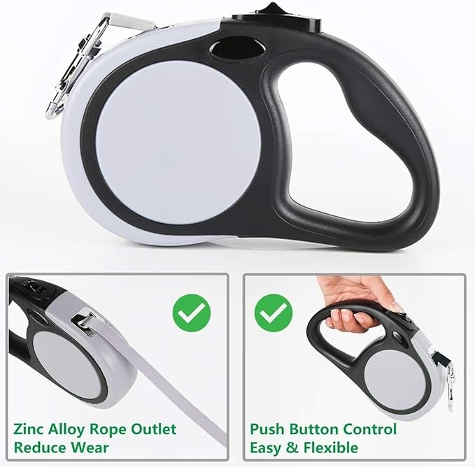 Dual Retractable Dog Leash for Walking 2 Small Dogs(Up to 44 Lbs Each) - Double Headed 18.5ft Extendable Pet Leash with Poop Bags, Non Slip Grip, One Button Control, 360 Tangle-Free (Gray, Medium)