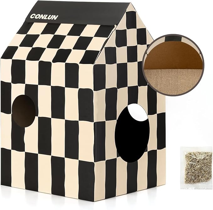 Conlun Cardboard Cat House with Scratch Pad & Catnip, Cat Play Scratching House for Indoor Hideaway Furniture, Heavy Duty Sturdy Cardboard Scratcher, Easy to Assemble Birthday Gift, Medium, 2 Pack