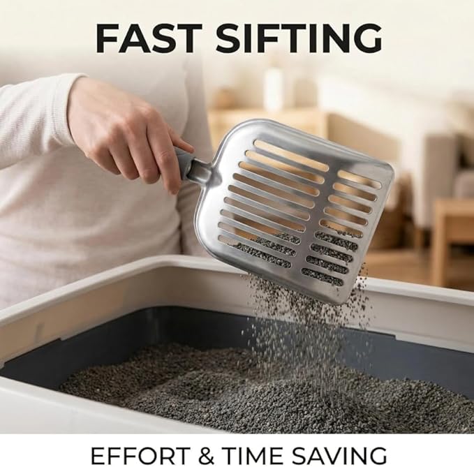 Heavy-Duty Cat Litter Scoop with Holder&Litter Bags, Metal Cat Scooper with Bags, Aluminum Kitty Poop Sifting Shovel Captures All Clumps, Speed Sifter Litter Box Scooper with Cats Caddy