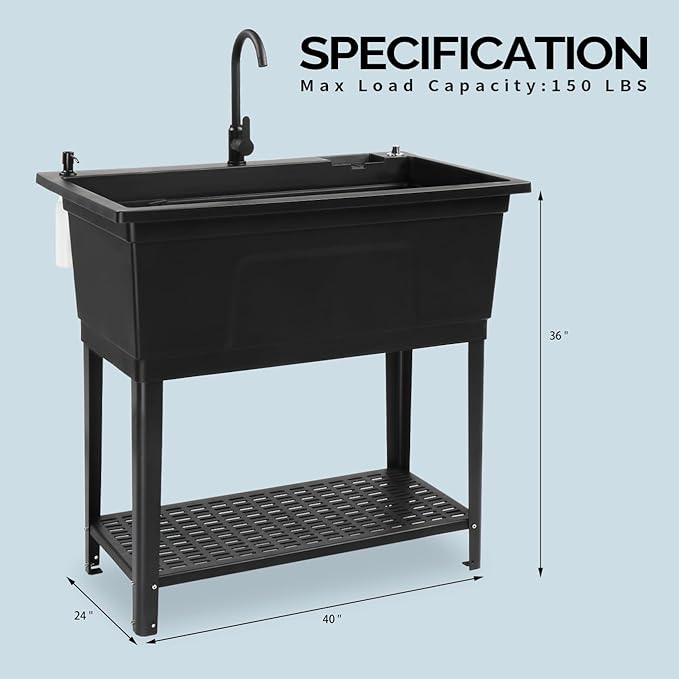 Bonnlo 37-Gallon Freestanding Utility Sink with Faucet, 36" Heightened Basin for Laundry, Garage, Outdoor Garden, Pet Wash, Heavy Duty Plastic Laundry Tub with Storage Shelf, 40"L×24"W×36"H (Black)