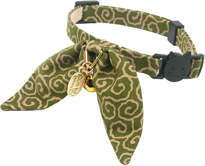Bunny Ears Cat Collar, Japan Lucky ‘開三運’ Charm. Safety Breakaway Bowtie Kitten Collar with Bell, Green