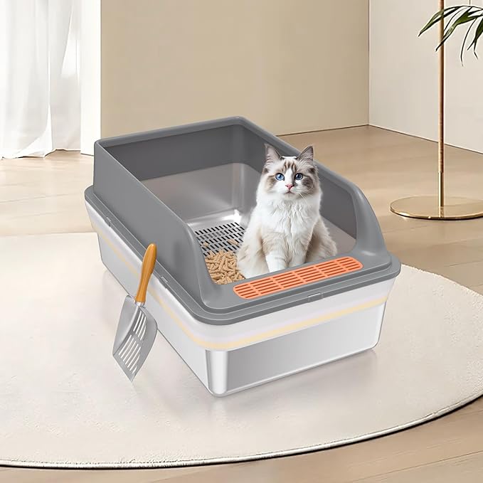 Stainless Steel Sifting Litter Box with Lid, Sifting Cat Litter Box for Pine Pellets & Small Cats,Metal Pellet Sifter Litter Pan System for Odor Control,Sifting Box Liners & Scoop