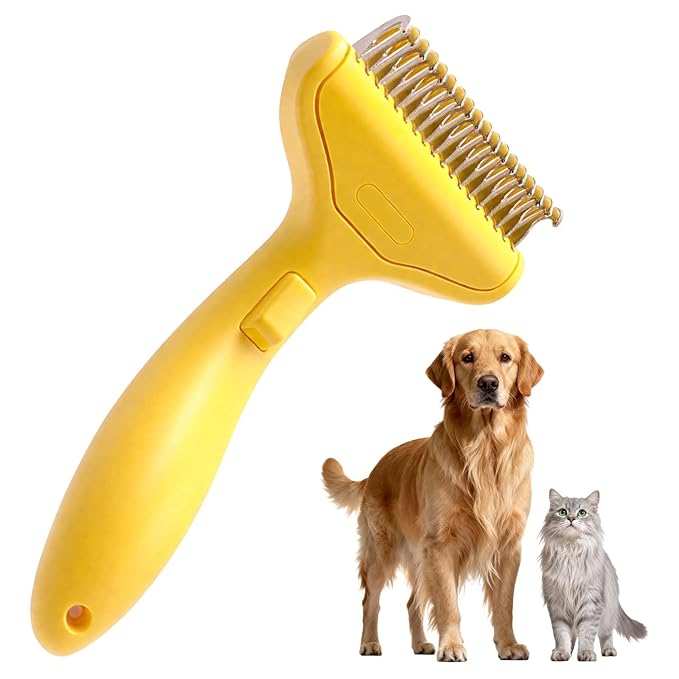 Dematting Comb for Dogs and Cats, Undercoat Rake Pet Brush for Long Hair, Dual-Sided Pet Grooming Brush Removes Tangles Knots and Loose Fur, Deshedding Grooming Tool (Lemon Yellow)