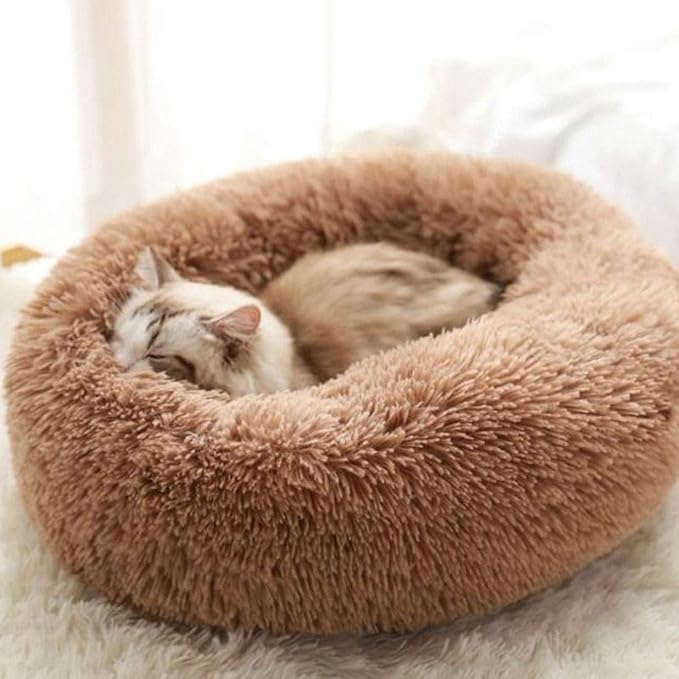 Faux Fur Dog Bed Cat Bed,Shag Round Anti-Anxiety Pet Calming Bed Doughnut Cuddler for Medium Large Puppy Dog Cat Kennel Cushion Self Warming Bed (28'' D x 8'' H, Coffee)