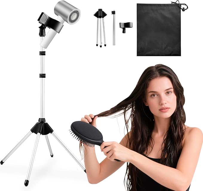 Hair Dryer Stand Holder 29-59Inch Adjustable Hands-Free Blow Dryer Holder with 360-Degree Rotation, Non-Slip Tripod, Universal Clip & Storage Bag for Bathroom, Vanity, Makeup Room