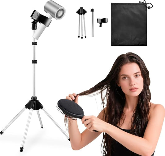 Hair Dryer Stand Holder 29-59Inch Adjustable Hands-Free Blow Dryer Holder with 360-Degree Rotation, Non-Slip Tripod, Universal Clip & Storage Bag for Bathroom, Vanity, Makeup Room