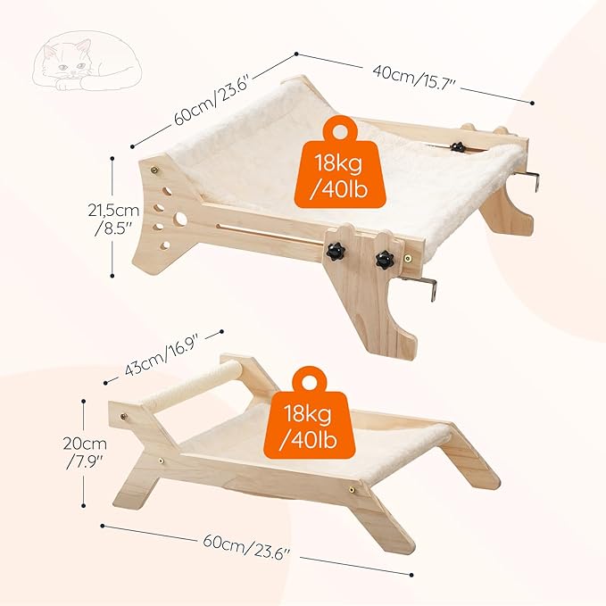 HOOBRO Cat Perch for Window Sill with Bolster, Window Hammock with Soft Plush, Hammock Seat Set of 2 for Indoor Use, Cat Beds for Window and Floor, Natural NL44CS03