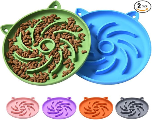 2Pcs Silicone Slow Feeder Cat Bowl,Puzzle Feeder,Interactive Toys,Slow Feeding cat Bowl Suitable for All Dry and Wet Foods,Easy to Clean Silicone Bowls (Green and Blue)