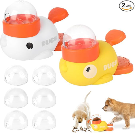 2 Pcs 2-in-1 Interactive Duck Treat Dispenser, Slow Duck Pet Feeder, Dog Treat Dispenser Toy, Feeder Puzzle Toy with 3 Food Outlet Sizes Toy for Small Medium Large Dogs (Yellow/White)
