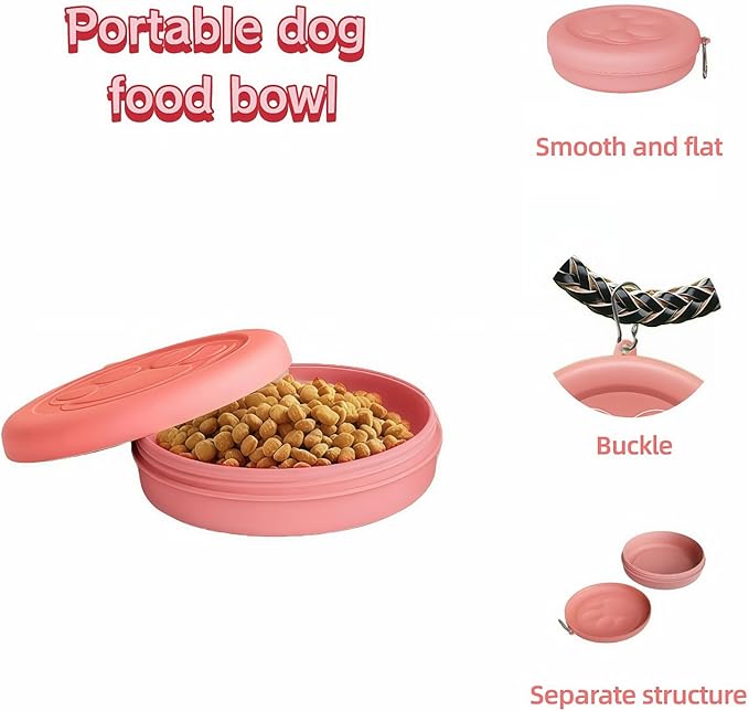 Portable Dog Food & Water Bowl for Travel - Rotating Lock Spill-Proof Pet Dish with Carabiner - BPA-Free Silicone Non Slip Bowl 250ml (Pink, Small)