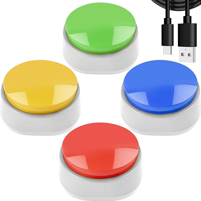 Rechargeable Pet Training Buttons - 30s Voice Recording Buttons for Cats & Dogs, USB-C ChargingCat Communication Talking Buttons with Anti-Slip Base Answer Buzzer-4Pack