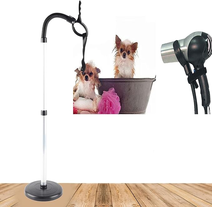 Adjustable 93.5cm Height Hair Dryer Stand Holder with Flexible Neck and Heavy Base for Home, Salon and Pets in Black and Silver