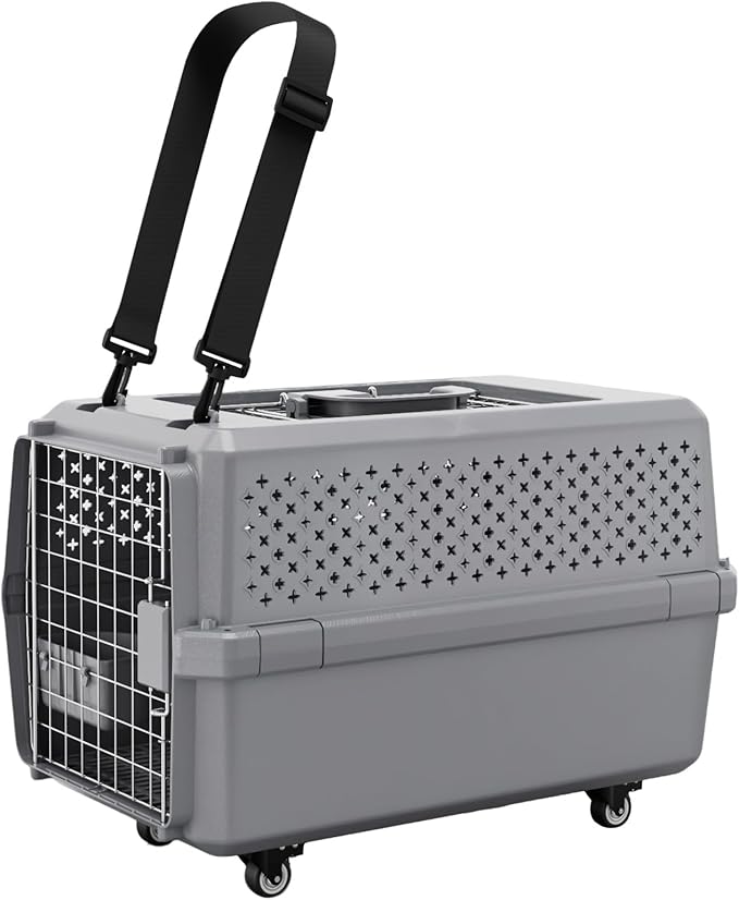 RIZZARI Pets Spree Travel Carrier:Rolling Hard-Sided Dog Carrier with Wheels Crate for Large Dogs & Cats -Durable Plastic Dog Carrier with Metal Door and Ventilation (Grey with Wheels, Large)