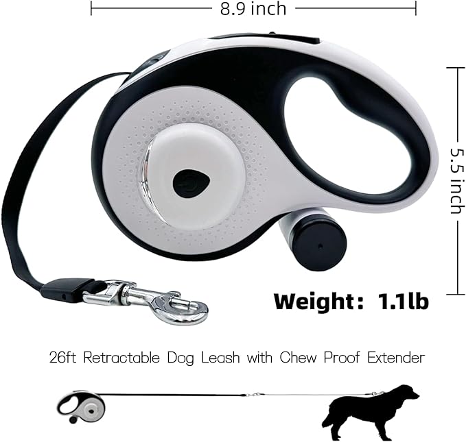 26ft Retractable Dog Leash for Large Dogs with Poop Bag Holder and LED Light,Heavy Duty Retractable Dog Leash with Chew Proof Extender,One-Hand Lock System,Impact-Resistant,Up to 110 lbs(Wihte)